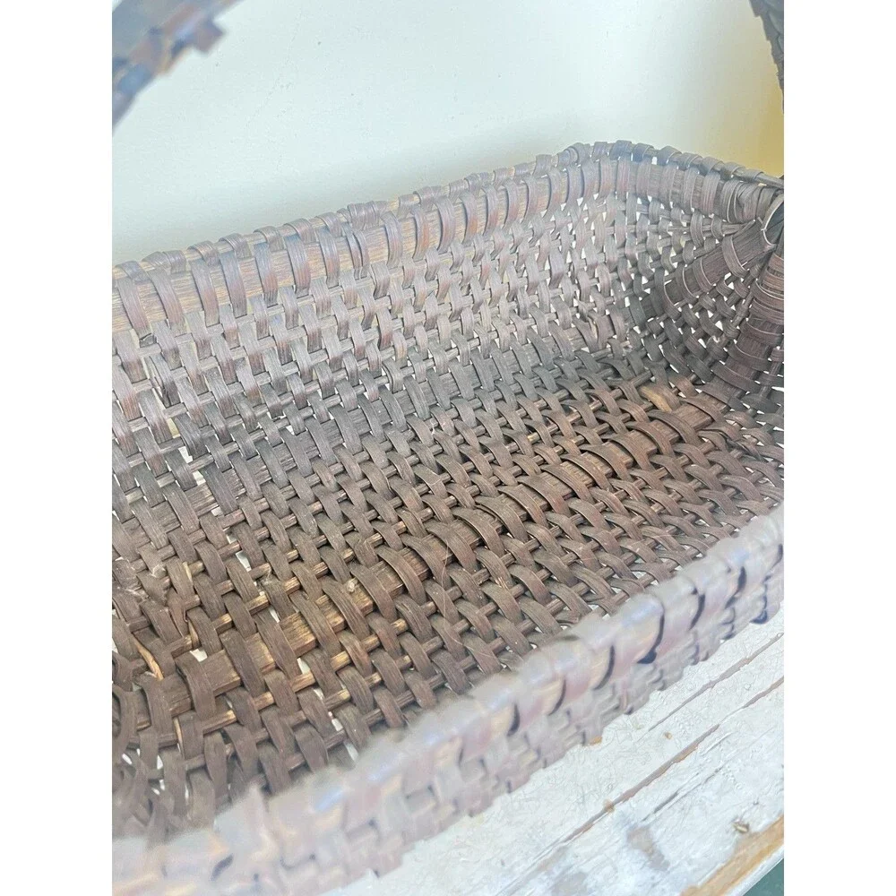 Antique Primitive Gathering Basket Dark Brown Woven Wicker Rectangular Rustic